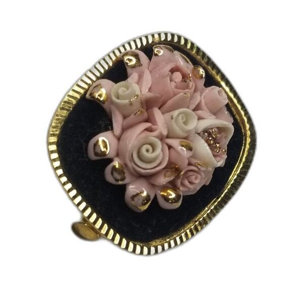 1980s Vintage Porcelain Roses Hand Painted Brooch Pin Porcelana Mercedes - Picture 4 of 7